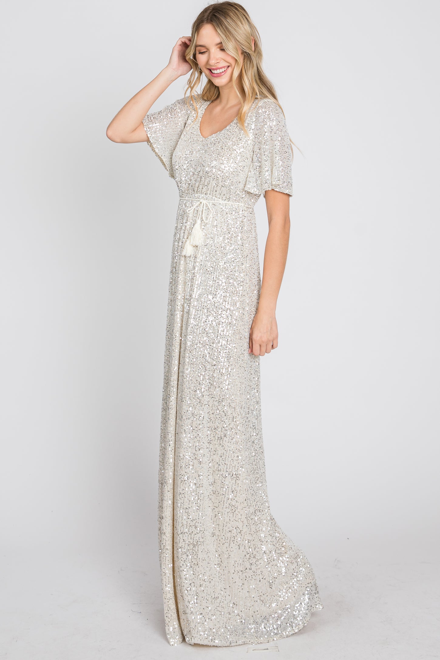 cream sequin dress Cream Sequin Short Sleeve Maxi Dress – PinkBlush