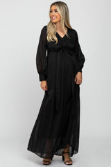 Black Metallic Striped Chiffon Maternity Maxi Dress