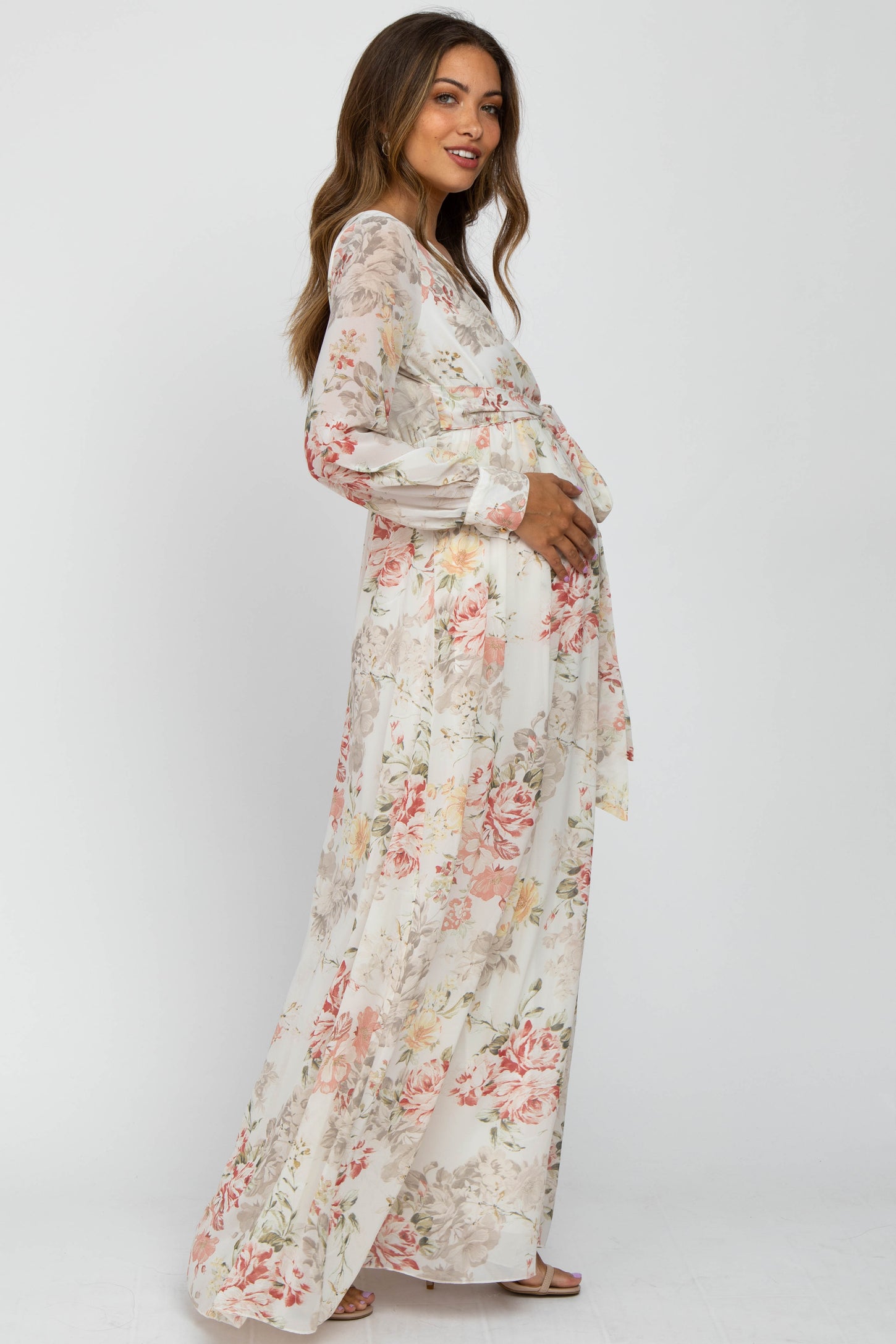 Ivory Floral Chiffon Maternity Maxi Dress– PinkBlush