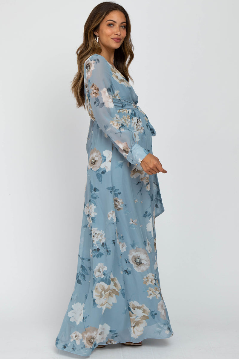 Light Blue Floral Chiffon Maternity Maxi Dress– PinkBlush