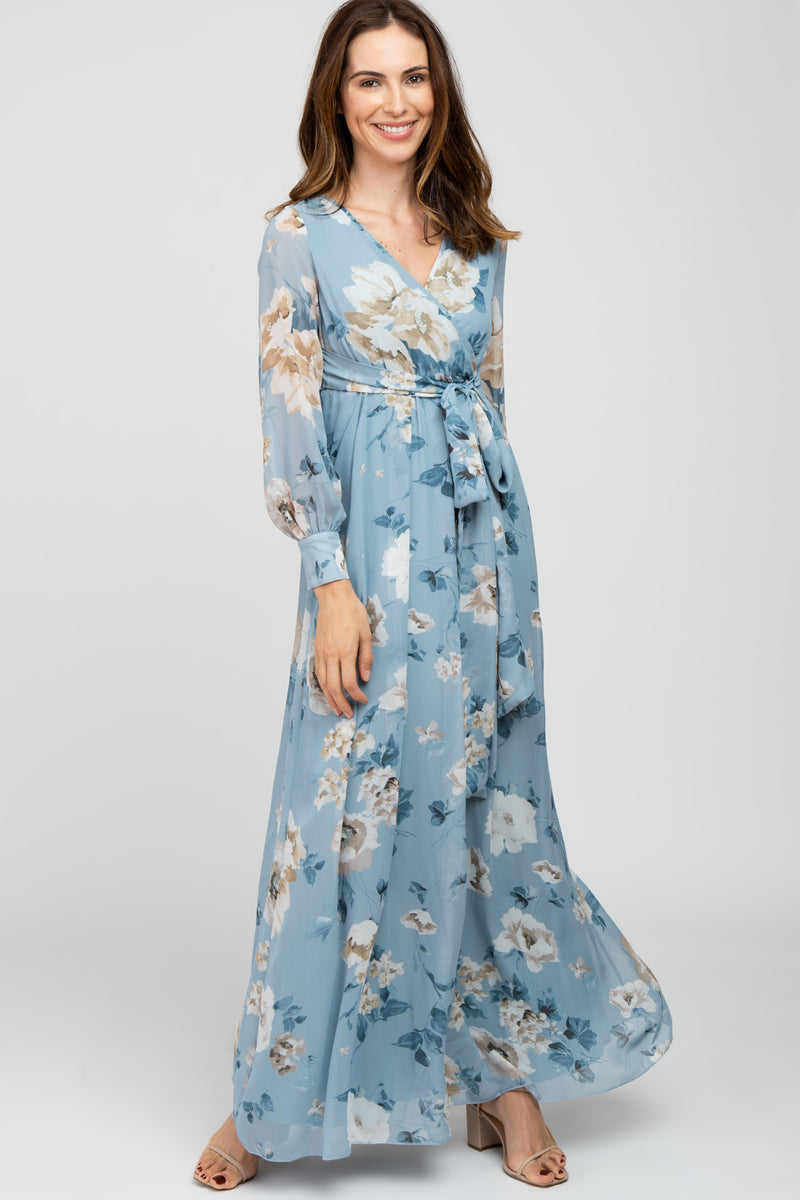 Light Blue Floral Chiffon Maxi Dress– PinkBlush