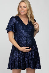 Navy Blue Sequin Tiered Short Sleeve Maternity Dress