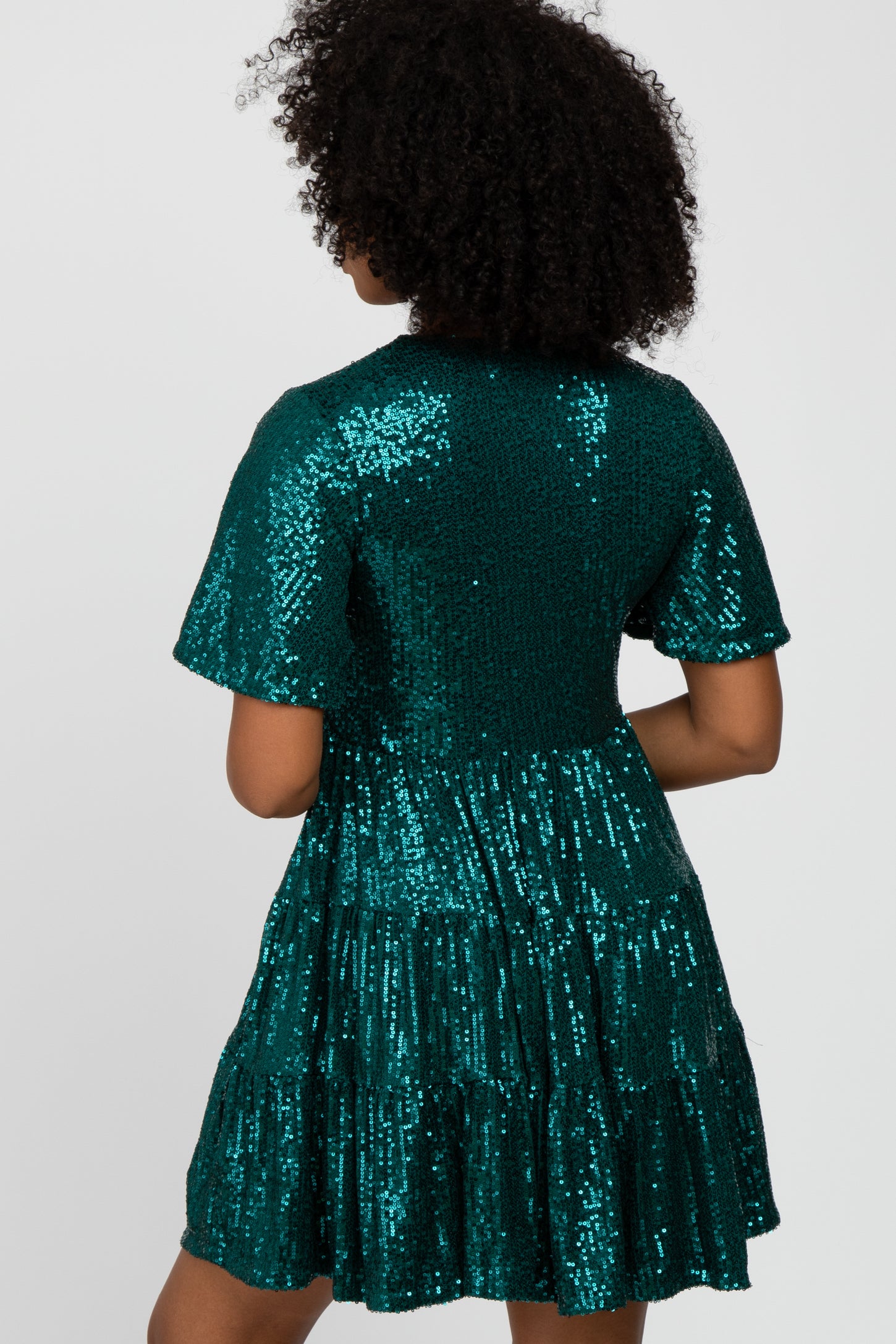 Emerald Green Sequin Tiered Short Sleeve Dress