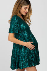 Emerald Green Sequin Tiered Short Sleeve Maternity Dress