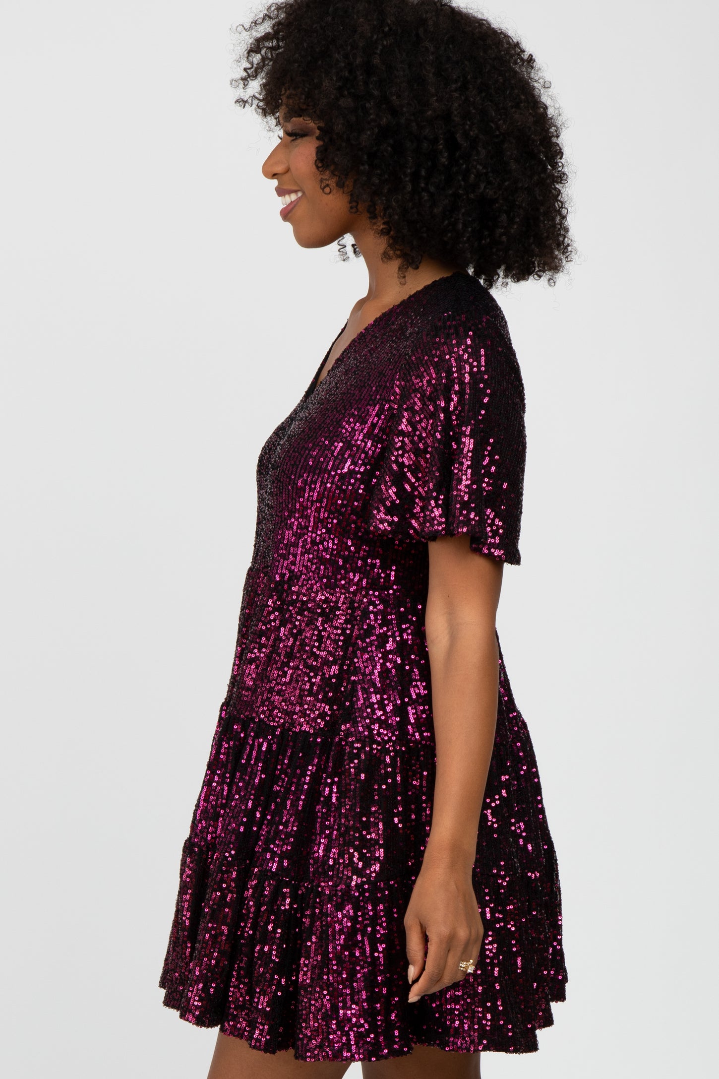 Purple Sequin Tiered Short Sleeve Dress