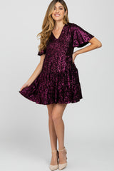 Purple Sequin Tiered Short Sleeve Maternity Dress