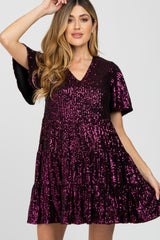 Purple Sequin Tiered Short Sleeve Maternity Dress