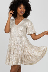 Cream Sequin Tiered Short Sleeve Dress