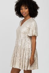 Cream Sequin Tiered Short Sleeve Dress