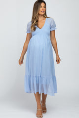 Light Blue Smocked Ruffle Hem Maternity Midi Dress