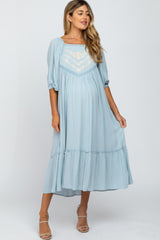 Light Blue Crochet Sleeve Front Lace Square Neck Maternity Midi Dress