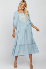 Light Blue Crochet Sleeve Front Lace Square Neck Maternity Midi Dress