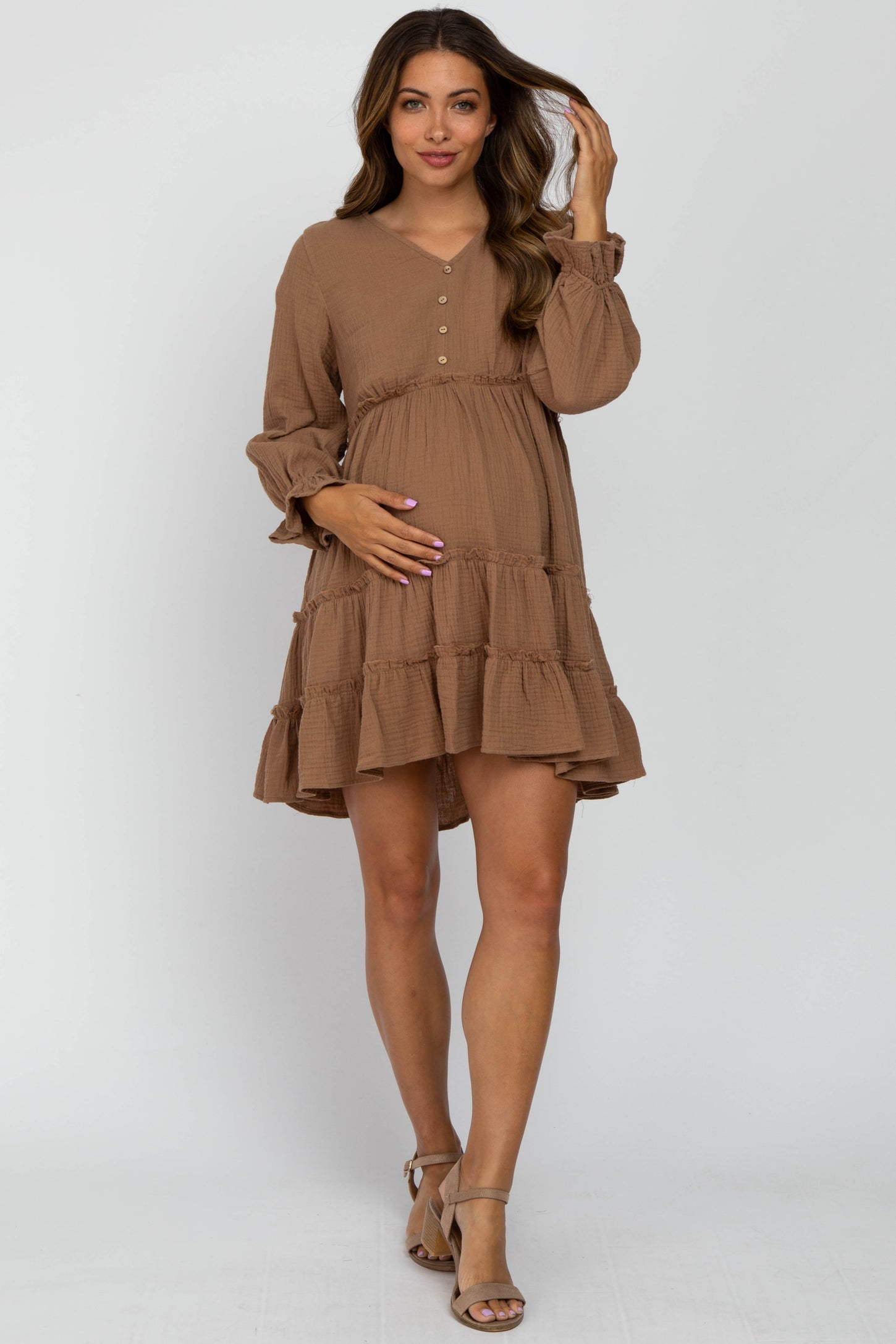 Taupe Button Accent Long Sleeve Tiered Maternity Dress
