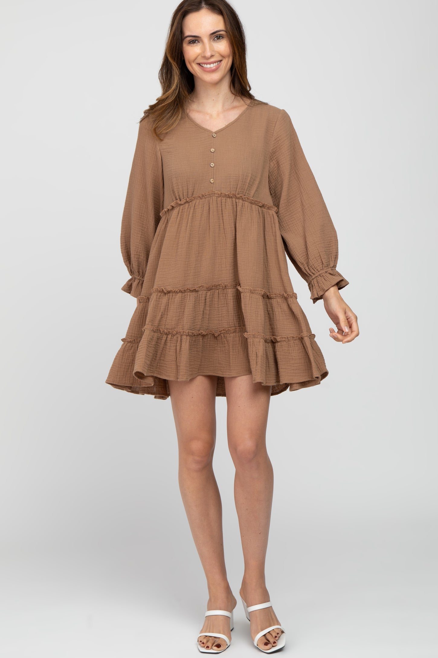 Taupe Button Accent Long Sleeve Tiered Maternity Dress