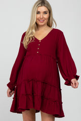 Burgundy Button Accent Long Sleeve Tiered Maternity Dress