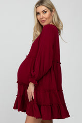 Burgundy Button Accent Long Sleeve Tiered Maternity Dress