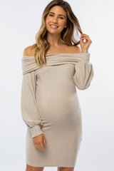 Beige Ribbed Off Shoulder Puff Sleeve Maternity Dress
