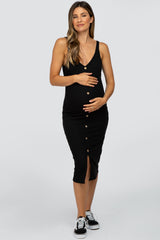 Black Ribbed Button Accent Maternity Midi Dress
