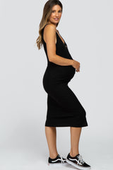 Black Ribbed Button Accent Maternity Midi Dress