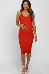 Rust Sleeveless Fitted Ribbed Maternity Dress