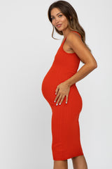 Rust Sleeveless Fitted Ribbed Maternity Dress