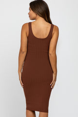 Brown Sleeveless Fitted Ribbed Maternity Dress