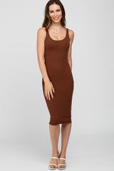 Brown Sleeveless Fitted Ribbed Maternity Dress