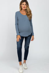 Blue Waffle Knit Front Snap Button Maternity Top