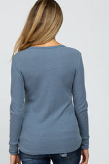 Blue Waffle Knit Front Snap Button Maternity Top