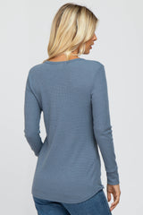 Blue Waffle Knit Front Snap Button Top