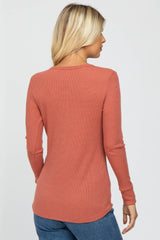 Rust Waffle Knit Front Snap Button Top