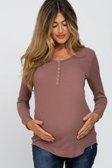 Mauve Waffle Knit Front Snap Button Maternity Top