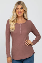 Mauve Waffle Knit Front Snap Button Maternity Top