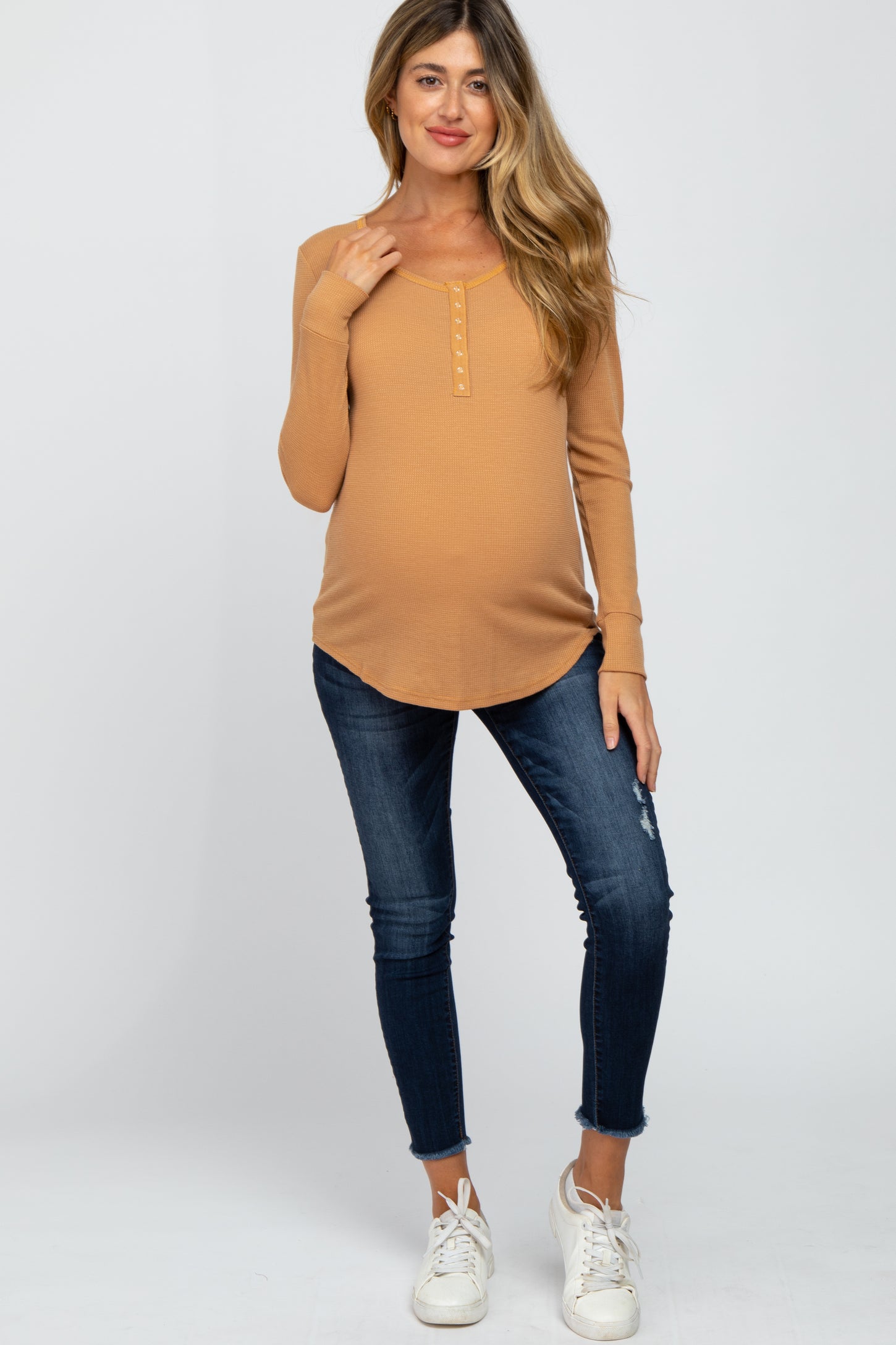 Gold Waffle Knit Front Snap Button Maternity Top
