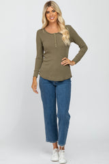 Olive Waffle Knit Front Snap Button Top