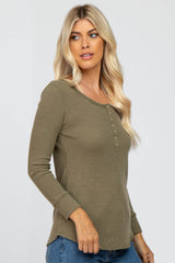 Olive Waffle Knit Front Snap Button Top