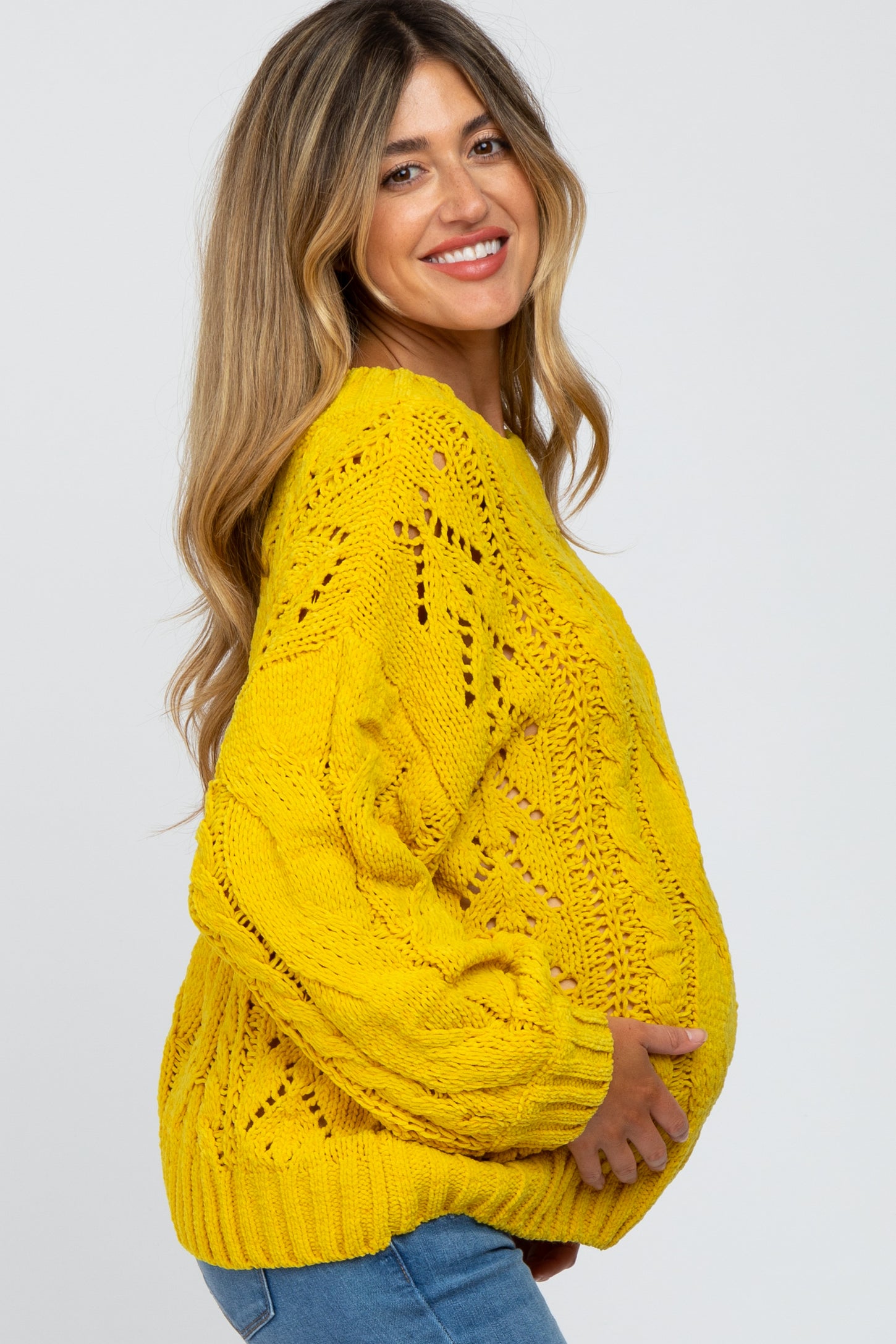 Yellow Cable Knit Off Shoulder Bubble Sleeve Maternity Sweater