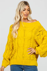 Yellow Cable Knit Off Shoulder Bubble Sleeve Sweater