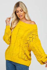 Yellow Cable Knit Off Shoulder Bubble Sleeve Sweater