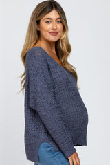 Navy Blue V-Neck Side Slit Thick Knit Maternity Sweater