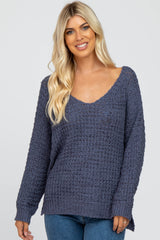 Navy Blue V-Neck Side Slit Thick Knit Maternity Sweater