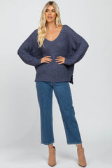 Navy Blue V-Neck Side Slit Thick Knit Sweater