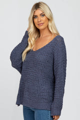 Navy Blue V-Neck Side Slit Thick Knit Sweater