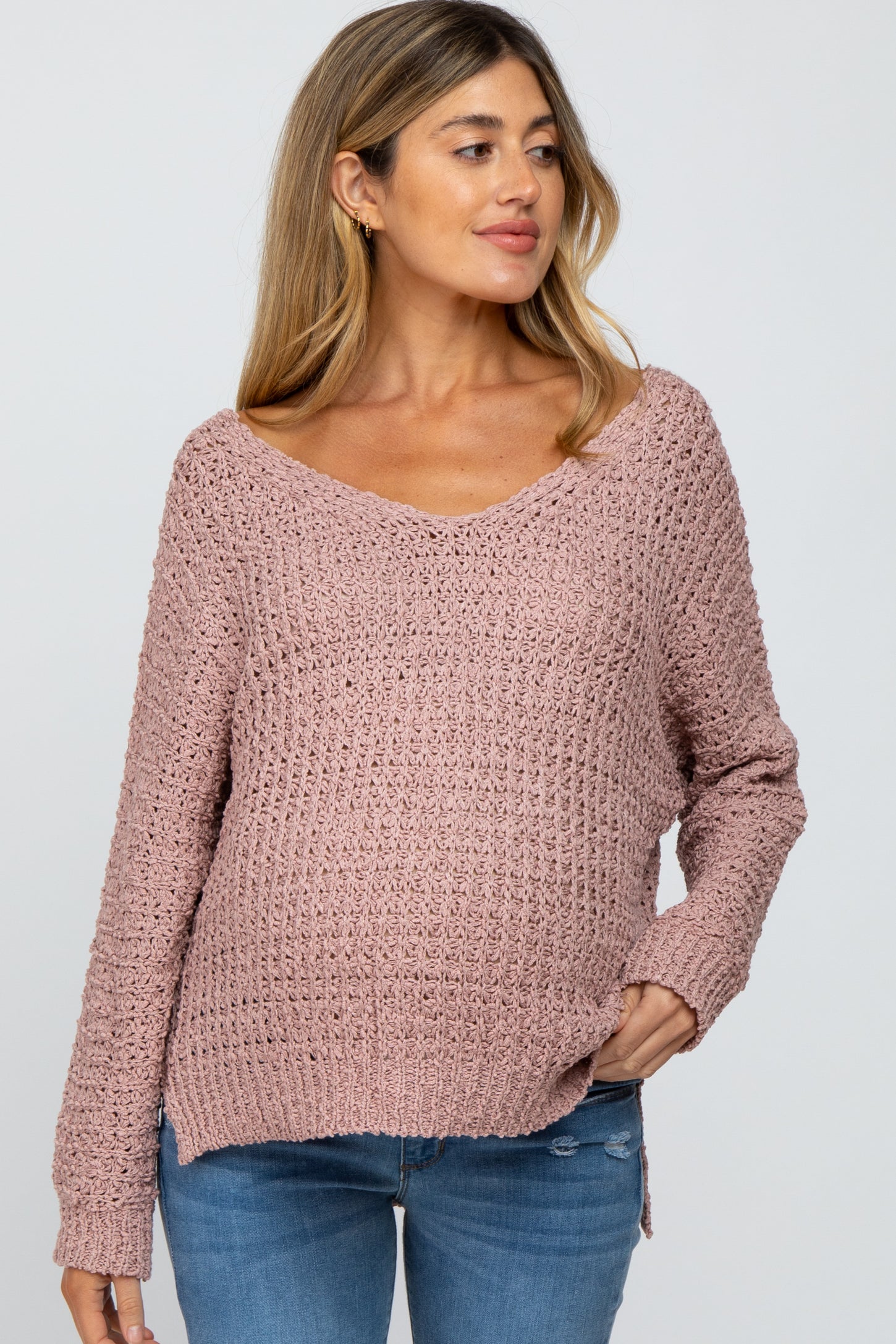 Light Pink V-Neck Side Slit Thick Knit Maternity Sweater