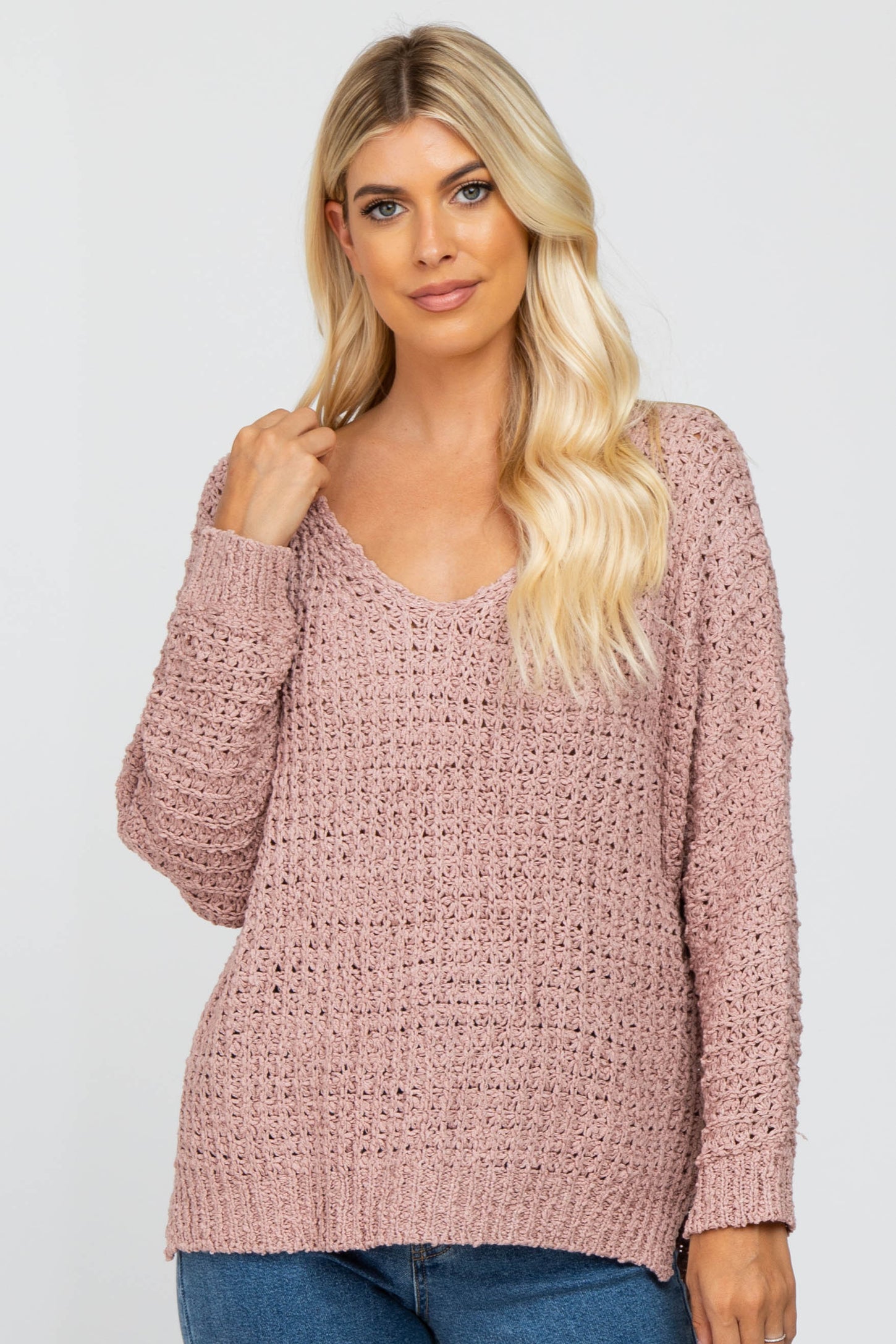 Light Pink V-Neck Side Slit Thick Knit Sweater