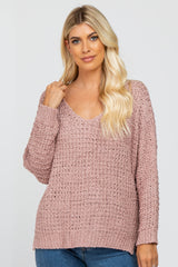 Light Pink V-Neck Side Slit Thick Knit Maternity Sweater