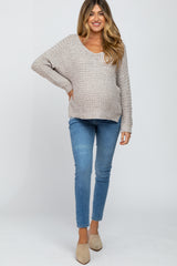 Grey V-Neck Side Slit Thick Knit Maternity Sweater