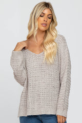 Grey V-Neck Side Slit Thick Knit Sweater
