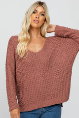 Rust V-Neck Side Slit Thick Knit Maternity Sweater