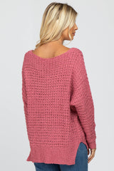 Mauve V-Neck Side Slit Thick Knit Sweater
